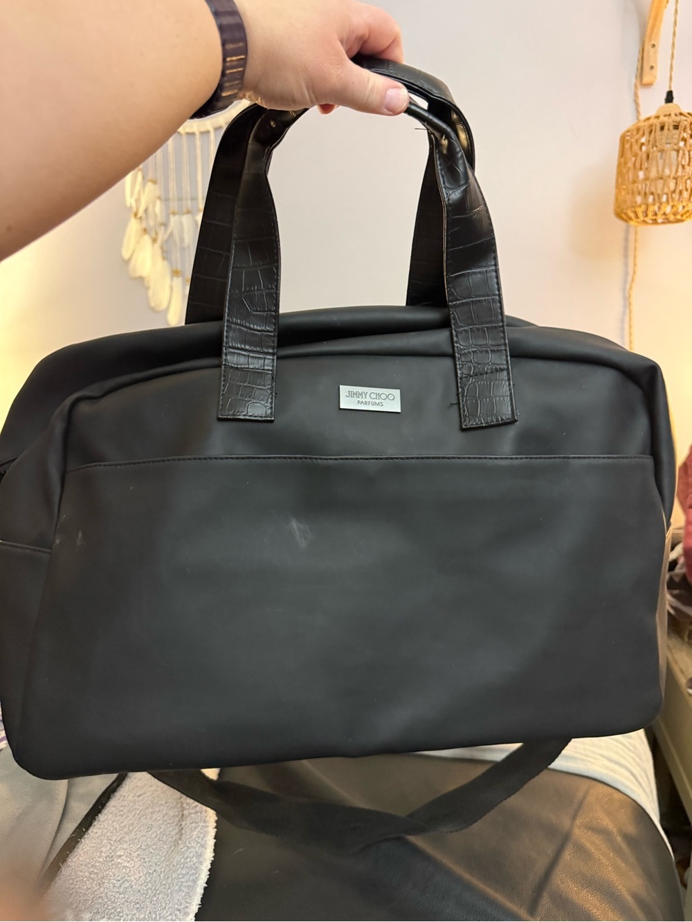 Jimmy Choo Black Duffel Bag with Croc-Effect Handles